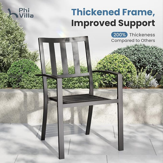 PHI VILLA 9 Pieces Outdoor Dining Set for 8, 57.5” Square Black Metal Table with Umbrella Hole & Stackable Iron Chairs, Large Outside Furniture Set for Patio, Deck, Yard, Porch