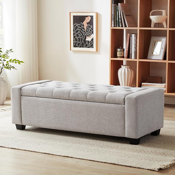 Huatean Home 48" Ottoman with Storage, Storage Ottoman Bench with Safety Hinge, Upholstered Entryway Bench with Seating for Bedroom, Living Room, Holds up to 330 lb(Light Gray)