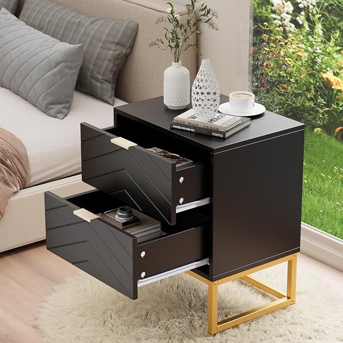Anbuy Morden 3 Pieces Bedroom Sets, 6 Drawer Dresser and Nightstand Sets for Bedroom, Night Stand Set of 2 & 6 Drawer Dresser with Gold Handles, Morden Wood Chest of Drawers Storage Cabinet Set, Black