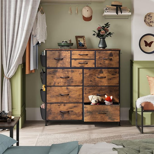 WLIVE Fabric Dresser for Bedroom with 10 Drawers, Chest of Drawers with Side Pockets and Hooks, Sturdy Metal Frame, Drawers Organizer Unit for Living Room, Hallway, Rustic Brown Wood Grain Print