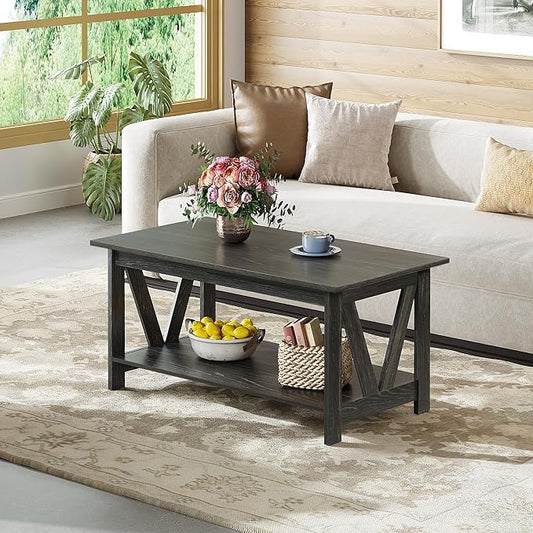 WLIVE Coffee Table with Storage Shelf, 39.4" Farmhouse Coffee Table with V-Frame Support, 2-Tier Wood Rustic Center Table for Living Room, Bedroom & Balcony, Charcoal Black