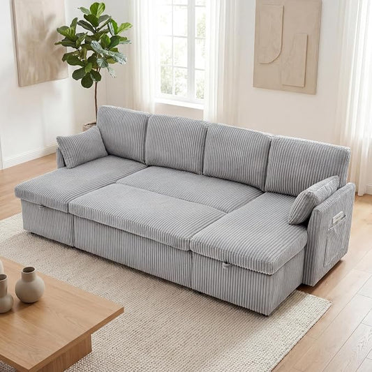Huatean Home Oversized Sleeper Sofa Couch, 100 inch 2 in 1 Pullout Couch Bed with Side Pockets for Living Room, Sectional Sleeper Sofa Bed with Double Storage Chaise, CloudGrey