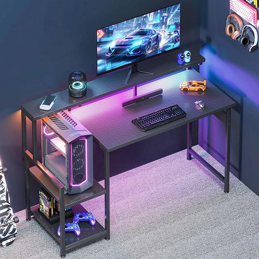 AODK 48 Inch Gaming Desk with LED Lights, Computer Desk with Storage Shelves, Reversible Desk with Monitor Stand, Carbon Fiber Black