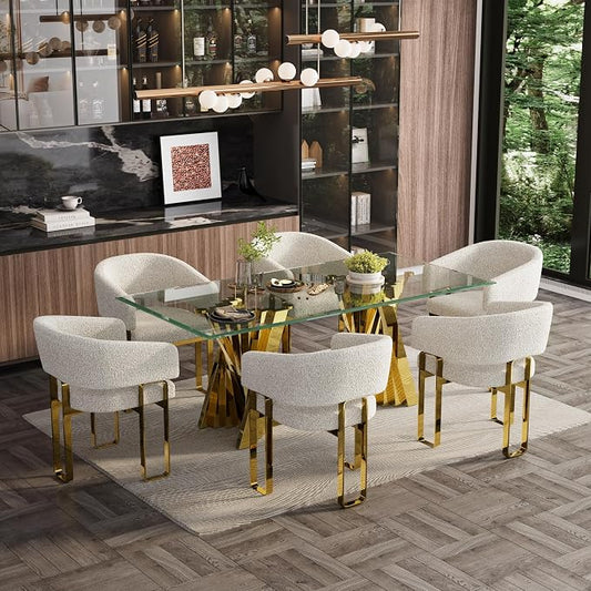 Boucle Dining Chairs with Arms, White Barrel Dining Chairs with U-Shaped Mirrored Gold Legs, Modern Side Chairs for Dining Table, Kitchen, Restaurant Recepition, Vanity, Set of 3