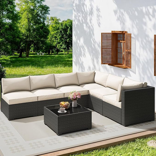 olimix 7 Piece Outdoor Patio Furniture Set, Outdoor Sectional Furniture, Rattan & Wicker Modern Modular Conversation Set Sofa Couch W/Water Resistant Washable Thick Cushions, Coffee/Beige