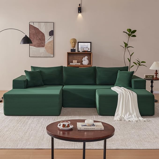 Mangodan 110” Cloud Sectional Couch, Modular Sectional Sofa with Deep Seat, Boneless Sofa for Living Room, Fluffy Comfy U-Shaped Couch with Left Facing Chaise, No Assembly Required, Green