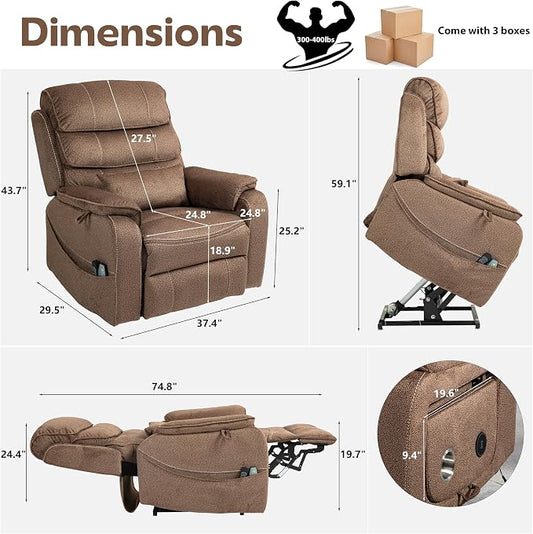 JIKFRIMA Power Lift Recliners Chairs for Elderly Adults Lay Flat Recliner with Heat & Massage, Wireless Charging Device, USB Ports, Cup Holder, Lumbar Pillow, 400Lbs (Grainy Fibric,Caramel Brown)