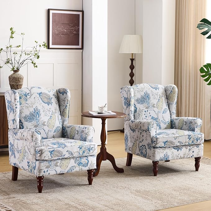 EROMMY Floral Accent Chair, Comfortable High Back Upholstered Armchair with Solid Wood Legs, Leisure Single Sofa Chair for Living Room, Home Office, Bedroom, Blue Floral