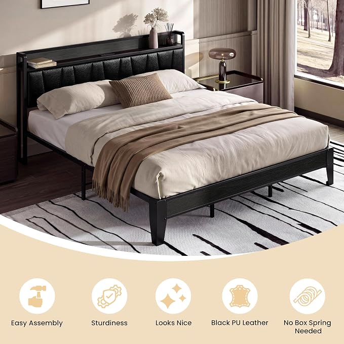 LIKIMIO King Bed Frame, PU Leather Storage Headboard with Charging Station, Solid and Stable, Noise Free, No Box Spring Needed, Easy Assembly, Black