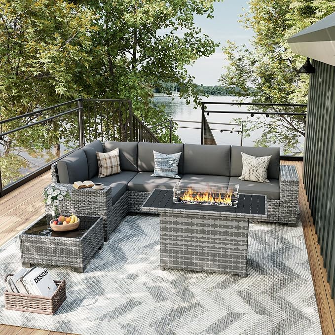 UDPATIO Patio Sectional Sofa with Fire Pit Table, 8 Inch Armrest 7-Piece Wicker Conversation with Waterproof Cover for Backyard Deck, Grey/Dark Grey