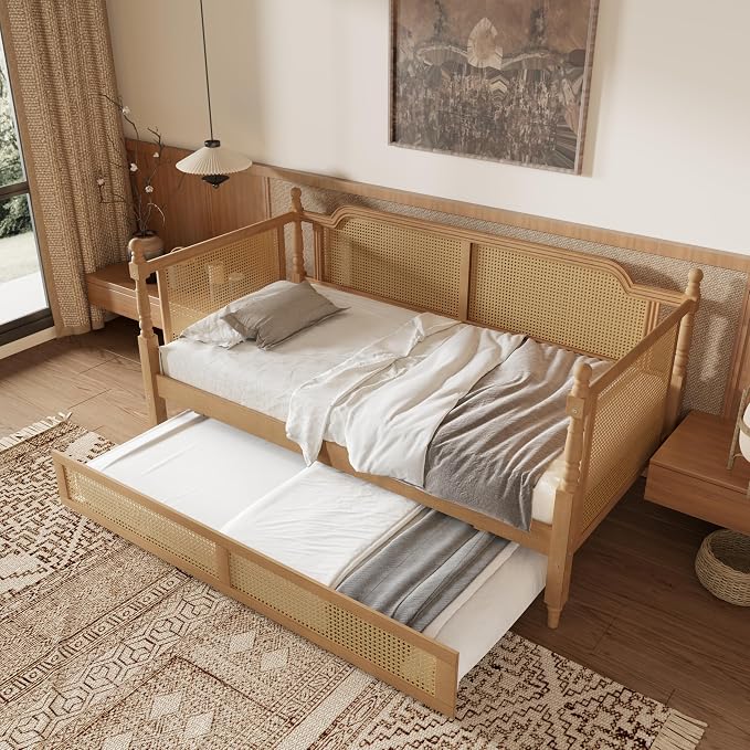 Merax Full Size Bedframe with Full Trundle and Footboard, Vintage Wooden Daybed Platform Bed with Natural Rattan Headboard, No Box Spring Needed, Noise-Free, Antique Walnut