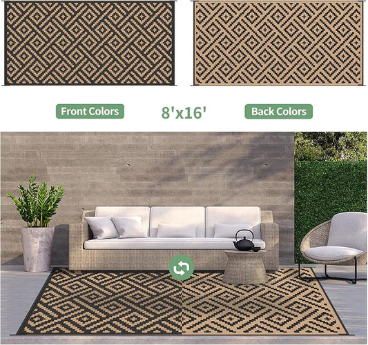 GENIMO Outdoor Rug for Patio Clearance, 8'x16' Waterproof Camping Mat, Reversible Plastic Straw Rugs for RV, Camper, Balcony, Backyard, Picnic, Deck, Black & Brown