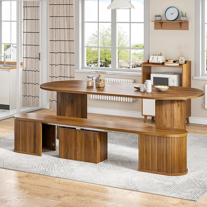 43-95 Inch Oval Extendable Dining Table Set for 4-10, Fluted Space Saving Long Round Kitchen Table with Bench, 3 Leaf, 2 Storage, Mid Century Modern Dining Room Dinner Table for Living Room, Walnut