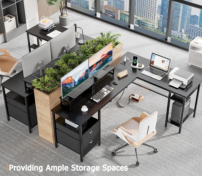 Furologee 66” L Shaped Desk with Power Outlet, Reversible Computer Gaming Desk with File Drawer & 2 Monitor Stands for Home Office with Storage Shelves, Black
