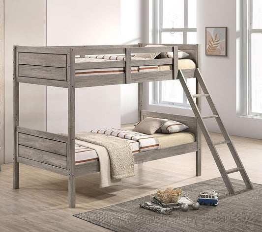 Coaster Home Furnishings Ryder Farmhouse Wood Twin Over Twin Size Bunk Bed Frame with Ladder and Guardrails Fully Slatted Mattress Ready Foundation Weathered Taupe 400818 | Wood Construction
