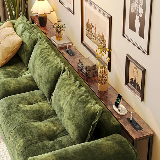 Huuger 110.2 Inch Sofa Table with Power Outlets, 23.9’’-34.4’’ Height Adjustable Range, Behind Couch Table with USB-C Ports, Sofa Tables Narrow Long, Skinny Console Table, Small Spaces, Rustic Brown