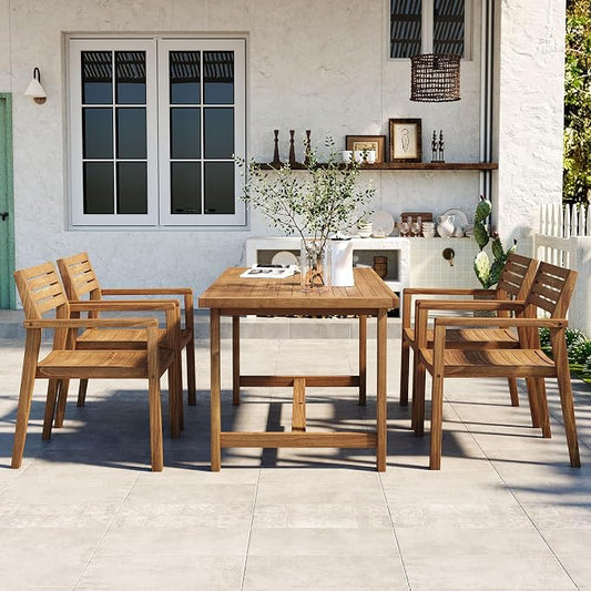 Quarte 5-Piece Outdoor Acacia Wood Dining Set, 59.06-Inch Rectangular Table with Umbrella Hole & 4 Chairs,Patio/Garden/Poolside Furniture for Family Gatherings (Natural-r2)