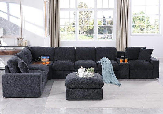 Ball & Cast 157" Oversized Modular L-Shaped Sectional Sofa,Large Chenille Upholstered Couch 8 Seat with Ottoman,Cup Holders&USB Ports,Comfty Sectionals W/Pillows&Storage Box,for Living Room,Dark Gray