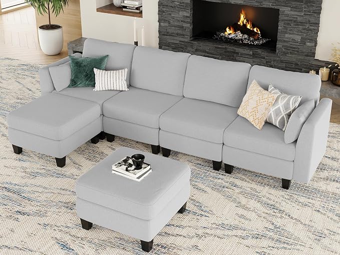 Modular Sectional Sofa, 6 Seaters Modular Sleeper Sofa Couch, Comfy Sectionals Couches Bed, Convertible Sofas with Ottomans, Sectional Couches for Living Room, Light Grey