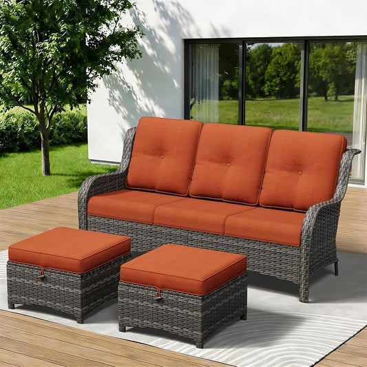 3-Piece Outdoor Couch Set, Include Wicker Patio Sofa with Thickened Olefin Cushions, High Back and Deep Seating, Hand-Woven PE Rattan and 2 Ottomans, Patio Conversation Set for Porch, Deck