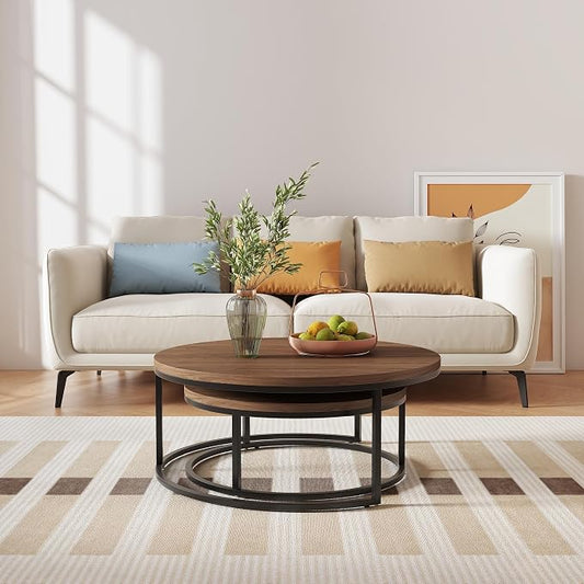 Round Nesting Coffee Table Set of 2, Modern Minimalist Accent Tables for Living Room, Bedroom, Office, Stackable Side Tables (Espresso)
