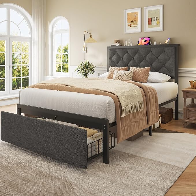 Fluest Twin Bed Frame with Storage Drawer, Upholstered Headboard Button Tufted Bed Frame with Charging Station, No Box Spring Needed, Noise-Free, All Metal Structure, Grey