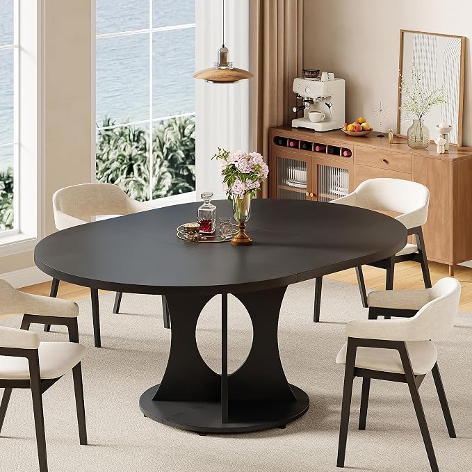 iPormis 43.3-59 Inch Extendable Round Dining Table for 6-8 People, Oval Dinner Table with Adjustable Top and A Stable Round Pedestal Base, Space Saving Wooden Kitchen and Dining Table, Black