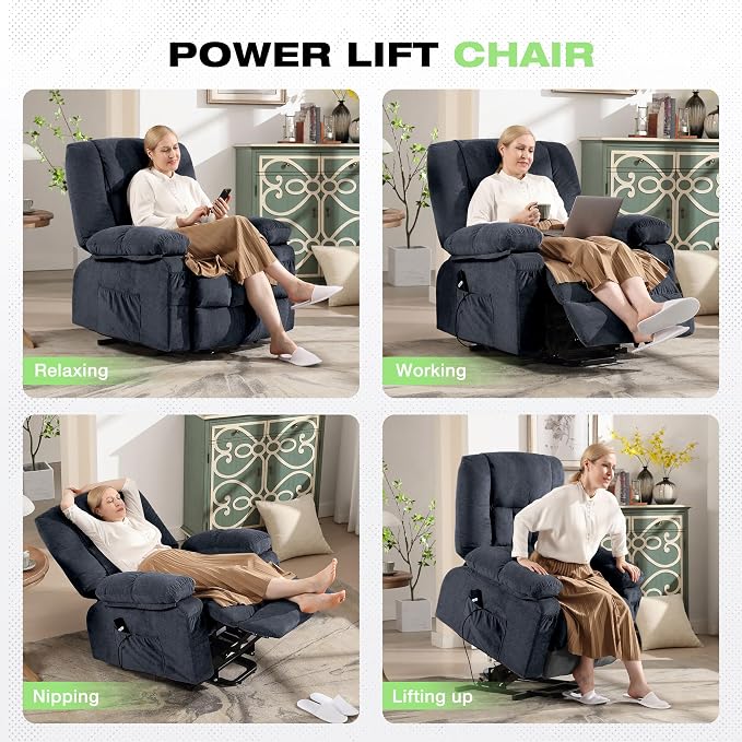BOSMILLER Power Lift Recliner Chair with Massage and Heat for Elderly,Electric Lift Chair with USB Charging Runction and Side Pockets, Suitable for Living Rooms and bedrooms,Blue