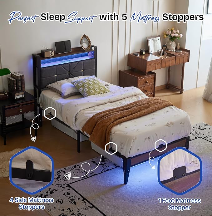Twin Size Bed Frame with Headboard, Upholstered Platform Bed Frame with Charging Station, Dual LED Light Strips, 2-Tier Storage Shelves, Heavy Duty Metal frame, Noise-Free, No Box Spring Needed, Black
