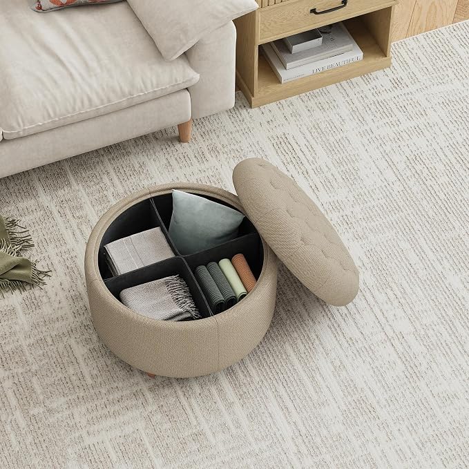 25Inch Round Ottoman with Storage, Tufted Fabric Modern Circle Ottoman with Reversible Tray Lid and Wood Legs, Multi-Functional Small Coffee Table for Living Room, Bedroom, Coffee