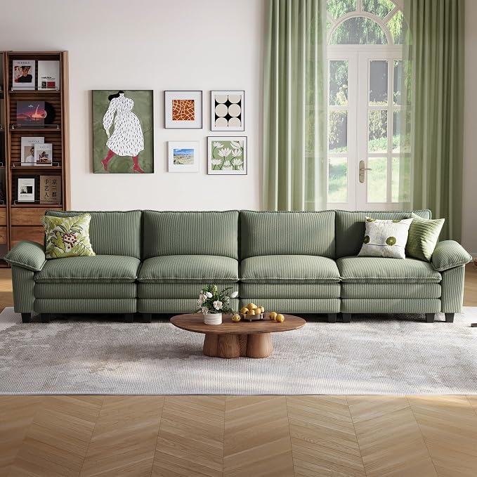 LINSY HOME 157'' Modular Sectional Sofa 4 Seat Couch Corduroy Cloud Couch with Deep Seat, Modern Cloud Couch for Living Room, Office, Bedroom, Green