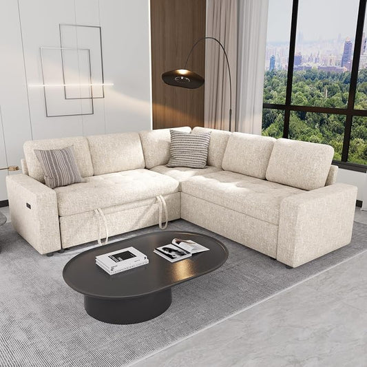 Sunny Heart Chenille Modular Sectional Sleeper Sofa with Pull Out Bed, L Shaped Sectional Sofa with USB Ports/Adjustable Backrest/Storage Seats, Tool-Free Assembly, Couches for Living Room Beige
