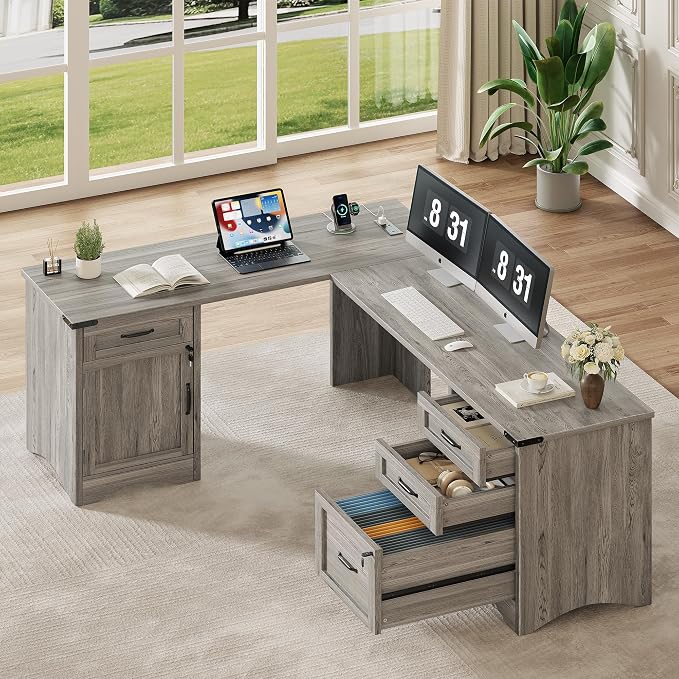 Decofy Farmhouse L Shaped Standing Desk with Storage Drawers, 67'' Corner Office Desk with File Cabinet & Charging Station, Wood Writing Computer Desk for Home Office, Study Room, Grey