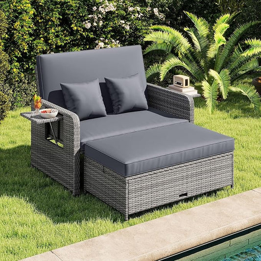 Tangkula Patio Rattan Daybed with 4-Level Adjustable Backrest, Outdoor PE Wicker Loveseat with Storage Ottoman & Folding Side Table, Double Sunbed for Balcony, Backyard & Poolside, Grey