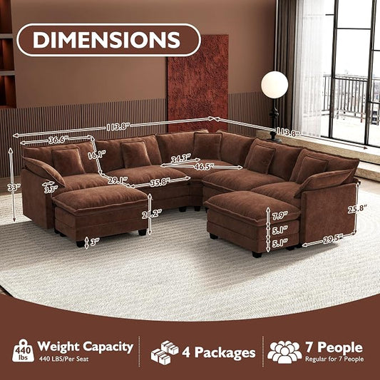 Ihanherry 114" V-Shaped Modern Sofa Modular Sectional Luxurious and Comfortable with 2 Ottoman, 7-Seat Chenille Deep Seat Sofa with Corner Section for Living Room, Bedroom and Apartment, Brick Red