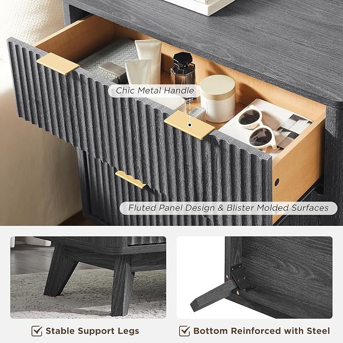 T4TREAM Fluted 3 Drawers Nightstand, Oversized Extra Large Modern Side Table, End Table Bedside for Bedroom, Living Room, Curved Profile Design, Dark Alder