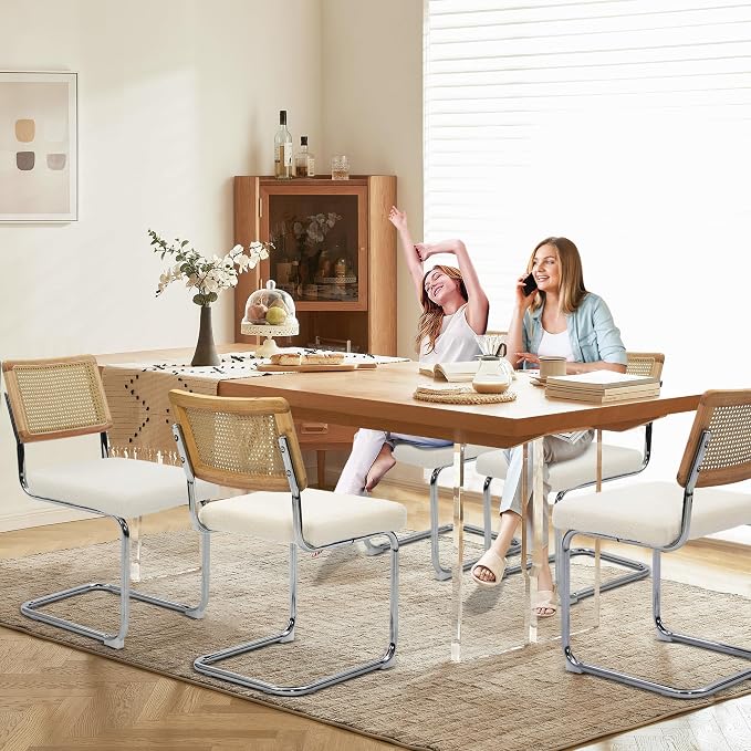 KROFEM Dining Chairs Set of 4,Modern Rattan Kitchen Chairs,White | Mid Century Modern Design,Polished Chrome Frame,Upholstered Seat