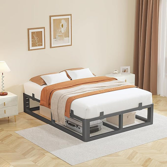 14 Inch Queen Bed Frame with Rounded Corner and Headboard Hole, Metal Platform Bed Frames 6 Non-Slip Guards, 3500lbs Heavy Duty Steel Slat Support, Squeak Free, No Box Spring Needed, Black