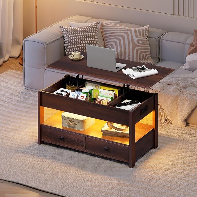 WLIVE Coffee Table, Lift Top Coffee Table with Drawers, LED Light, Large Storage and Open Shelf, Lift Tabletop for Living Room, Espresso