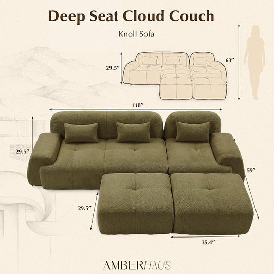 118'' Modular Sectional Cloud Couch Boneless Couches, Oversize Curved Sectional Couches for Living Room, Deep Seat Couch Lambswool Sofa with Ottoman & Throw Pillows, No Assembly, HR Foam