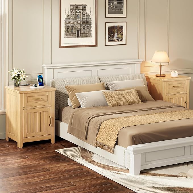 Decofy Farmhouse Nightstand with Charging Station, Set of 2 Modern End Tables with Large Storage and One Drawers, Outlets, USB Ports & Type-C Ports, Wood Rustic Nightstands for Bedroom (Oak)