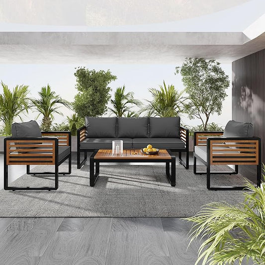 4-Pieces Outdoor Patio Sectional Sofa Set with Coffee Table, All-Weather 5 Person Conversation Set with Thick Cushions and Pillows for Garden Backyard Balcony, Acacia Wood Tabletop (Gray-N74)