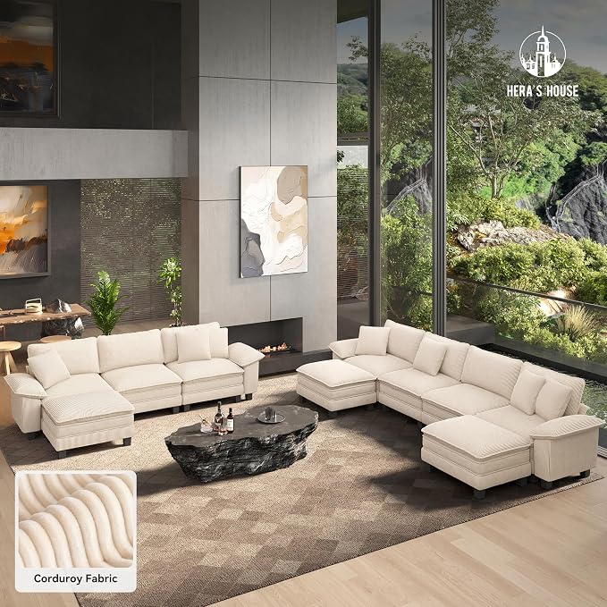 HERA'S HOUSE 124" Modular Sectional Sofa, Oversized L Shaped Couches for Living Room, Comfy Cloud Couch with Ottoman, 4-Seater Deep Seat Sofa with Throw Pillow, Corduroy Beige