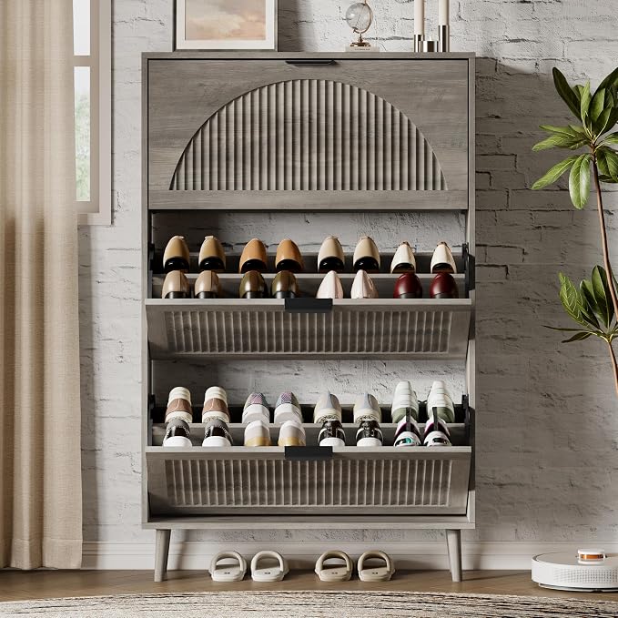 Xixini Shoe Storage Cabinet with 3 Flip Drawers, 50" Tall Narrow Wood Fluted Shoe Organizer for Entryway, Freestanding Wooden Hidden Slim Shoe Rack for Front Door Entrance, Hallway, Foyer, Light Grey