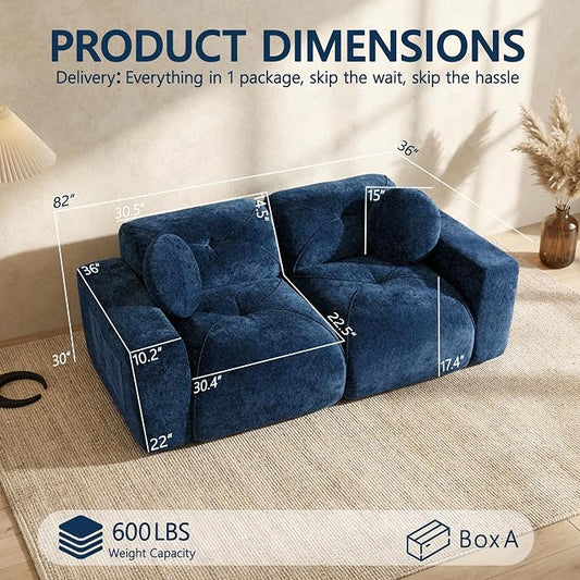 82" Modular Sectional Cloud Couch, Loveseat Sofa Boneless Couches, 2 Deep Seat Modern Comfy Velvet Sofa for Living Room, Bedroom, Apartment (Blue)