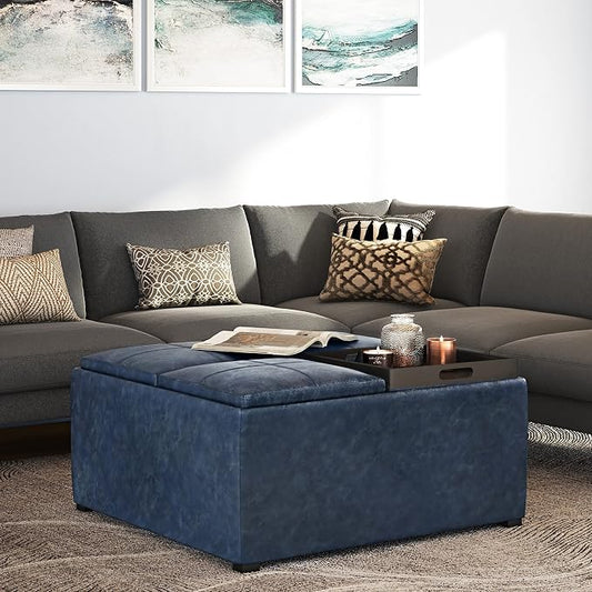 SIMPLIHOME Avalon 35 inch Wide Contemporary Square Coffee Table Storage Ottoman in Denim Blue Vegan Faux Leather, Assembled, For the Living Room and Bedroom