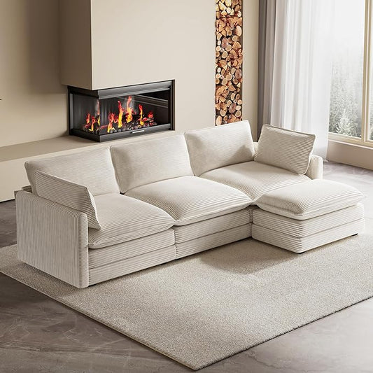 ROWHY 104'' Modular Sectional Cloud Couch with Movable Ottoman, 4 Seat Modern Corduroy Sofa, Deep Seat L Shaped Couch for Living Room Bedroom Apartment, Beige