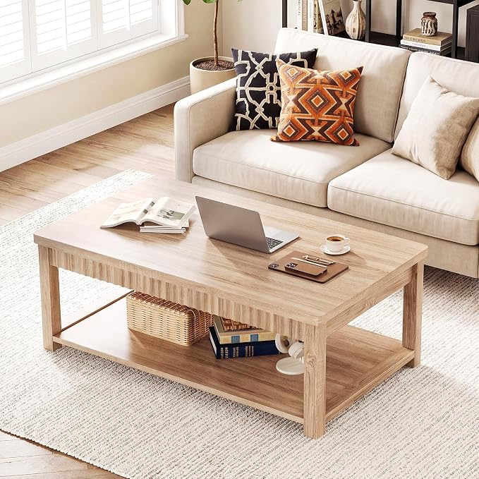 Homkdom Fluted Coffee Table, 2-Tier Storage Shelf, Oak | Heavy Duty 200 lb Capacity, Kids Friendly Rounded Corners