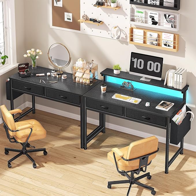 DurayLoly 31Inch Office Computer Desk with LED Lights & 2 Fabric Drawers, Gaming Desk with Side Pocket & Ergonomic Monitor Stand, Small Space Study Writing Table with Anti-Tip Design,Black