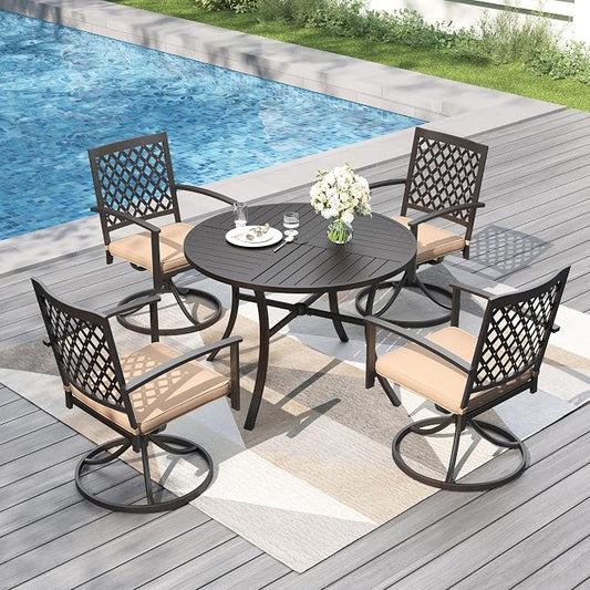 PHI VILLA 5 Pieces Outdoor Dining Set for 4, Round Metal Steel Table with Umbrella Hole & Swivel Wrought Iron Chairs with Cushions, Large Modern Furniture for Patio, Deck, Backyard, Porch